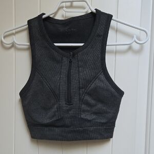 Dark Gray Ribbed Zipper Crop Bra Top Running